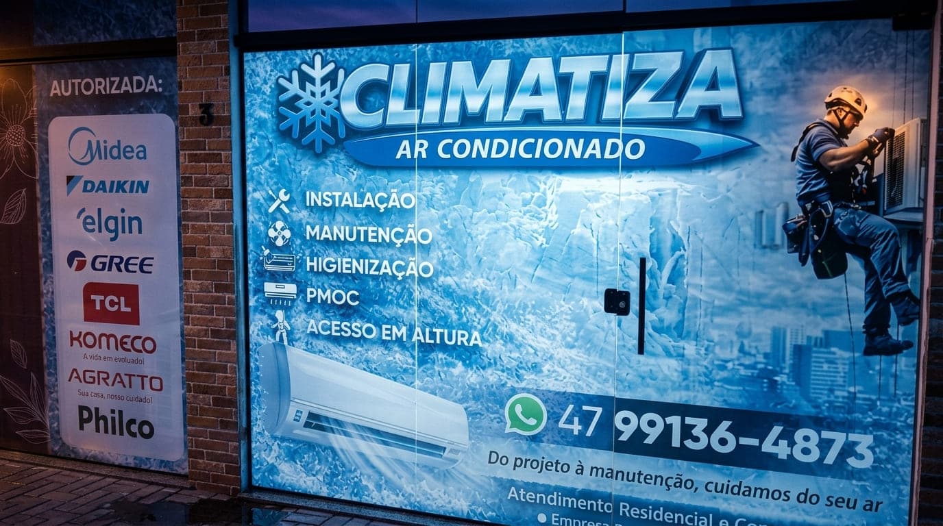 Fachada da loja Climatiza Ar Condicionado em Blumenau com adesivo de serviços e marcas autorizadas